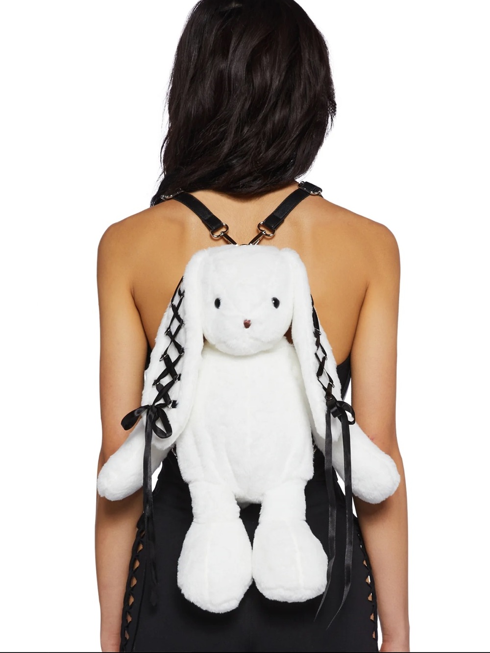 White Bunny Plush Backpack with Black Ribbon Details - Picture 2 of 5